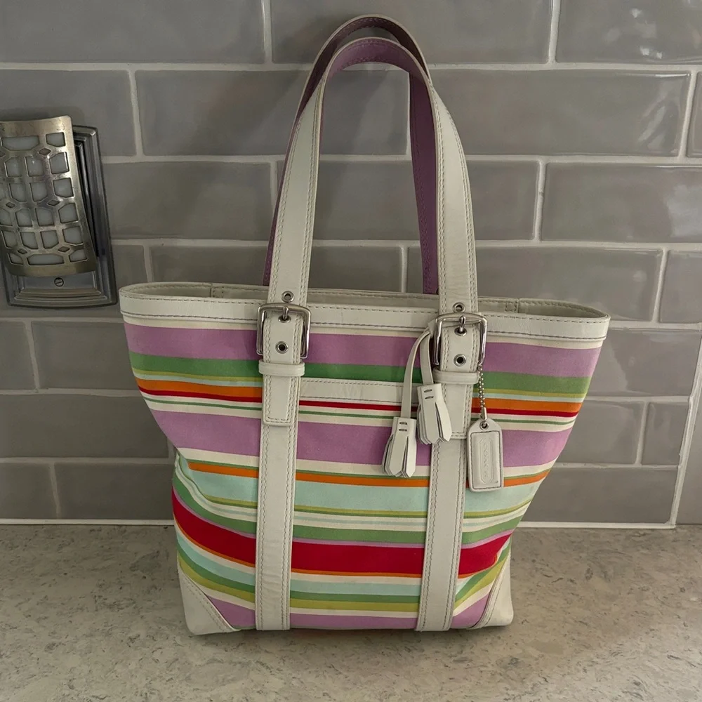 Coach Y2K 2007 Hampton Multi-Color Stripe Medium Canvas/ Leather Tote F10705 - Picture 1 of 15